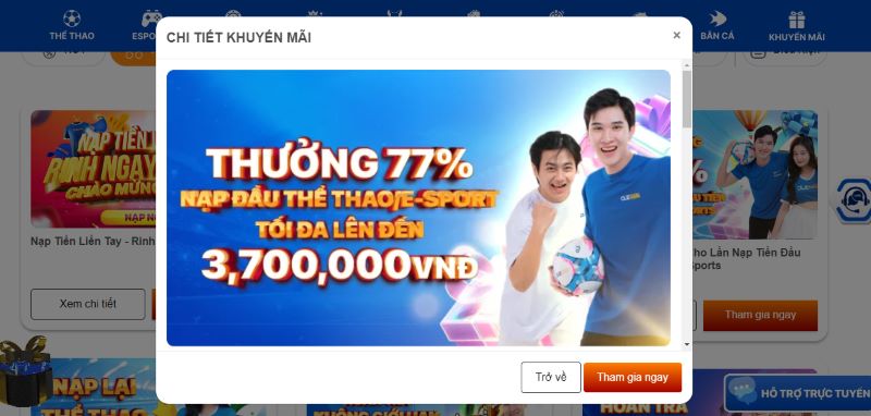 Khuyến mãi nhà cái Ole777 tặng thưởng 77% cho lần nạp đầu tại hạng mục thể thao