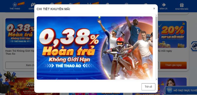 Khuyến mãi Ole777 hoàn trả không giới hạn với mức 0,38% cho thể thao ảo